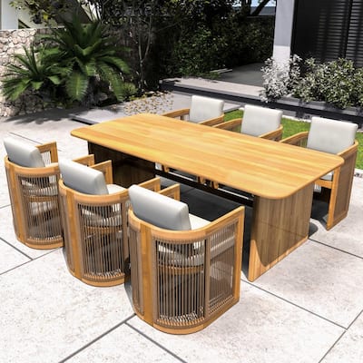 Outdoor 7-piece Acacia Wood Dining Set with 6 Cushioned Chairs for Patio Entertaining