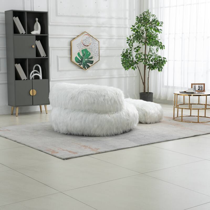 Fluffy Bean Bag Chair with Ottoman, Comfy Bean Bag Lounger for Adults and Kids, Ultra Soft Lazy Sofa Chair with Memory Foam