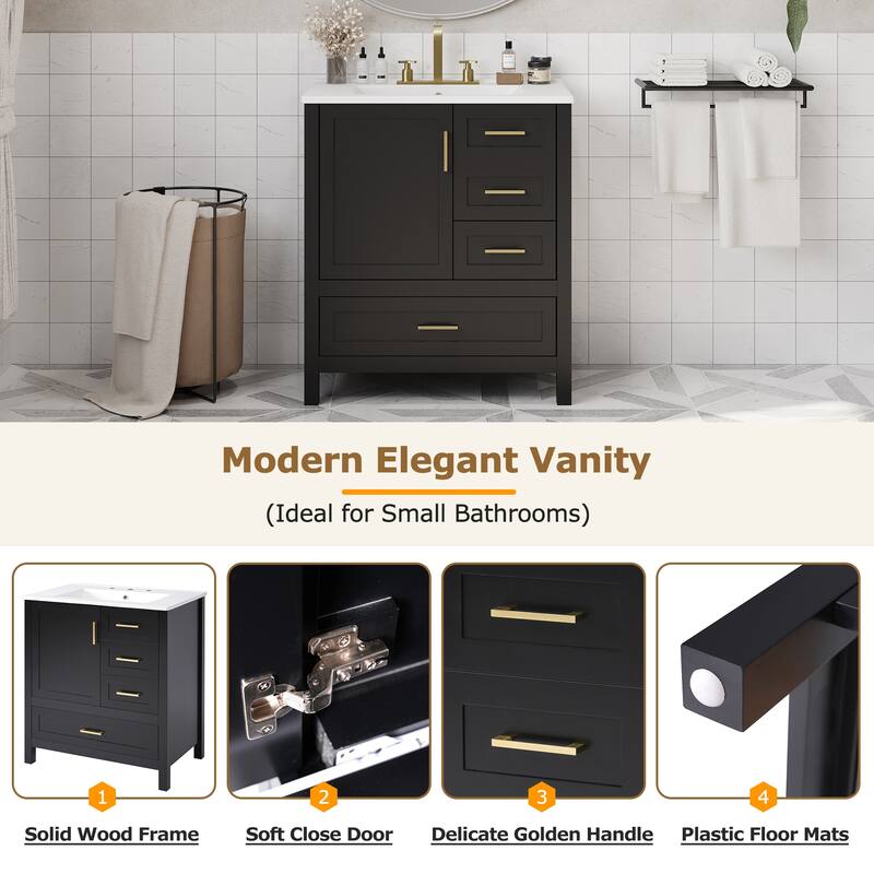 30" Modern Bathroom Vanity Set with Ceramic Sink - Soft-Close Doors & 3 Drawers, Storage Cabinet with Removable Tray