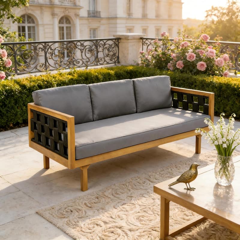 Christopher Knight Home - Modern Outdoor Patio Acacia Wood 3-Seater Daybed Sofa with Cushions, Rope Square Armrest & Teak Finish