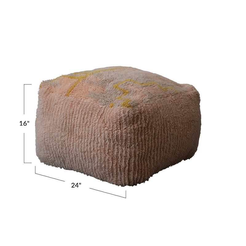Woven New Zealand Wool Shag Pouf with Design