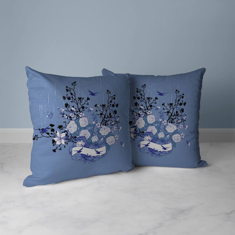 Elegant Floral Bouquet Faux Suede Reversible Throw Pillow Blue and White