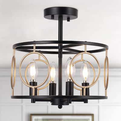 Tinka Modern Farmhouse 4-light Drum Chandelier Black Gold Semi-flush Mount Ceiling Light - D 13"* H 13.5"