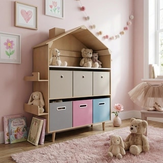 Fortune Candy House-Shaped Kids Storage Cabinet with Fabric Bins, Multi-Compartment Toy & Book Organizer, Vertical Design