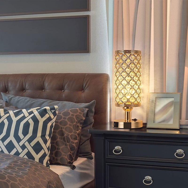 Crystal Table Lamp with 2 USB Charging Ports - Gold