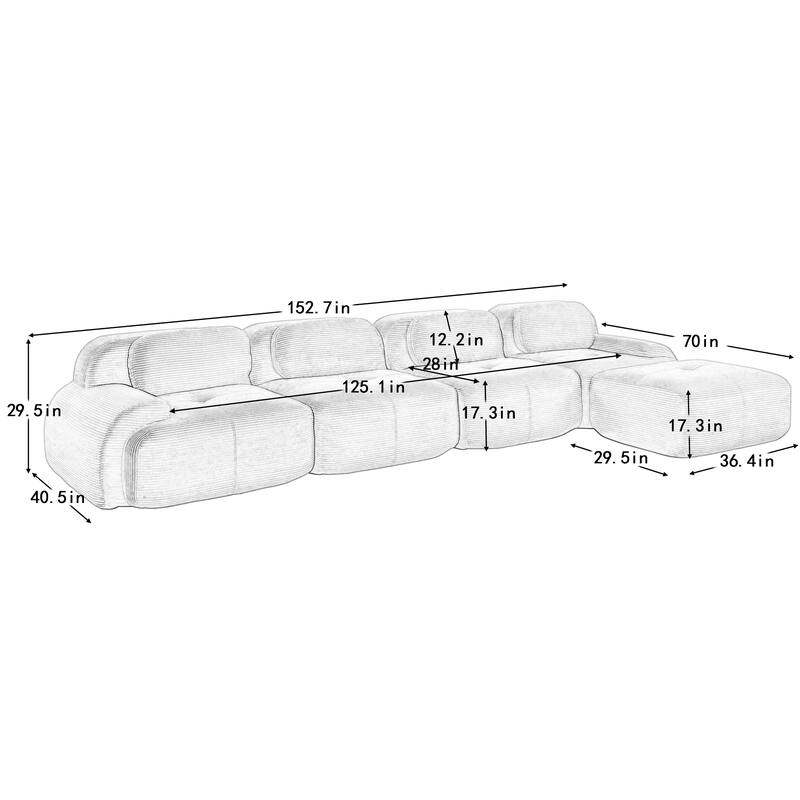 Corduroy Modular Boneless Sectional Sofa with Ottoman, Free combination, Pet-Friendly, No Assembly Required