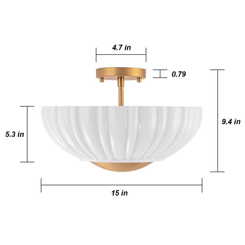 15'' in. W Brass Frosted White Glass Semi Flush Mount Ceiling Light - 15