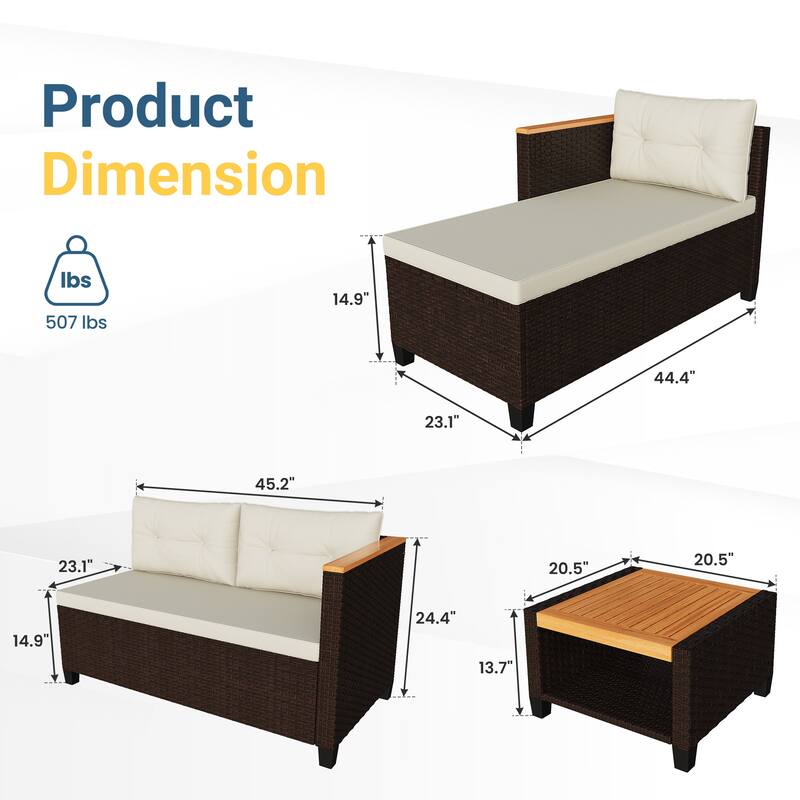 3-Piece L-Shaped Wicker Patio Set with Cushions & Table