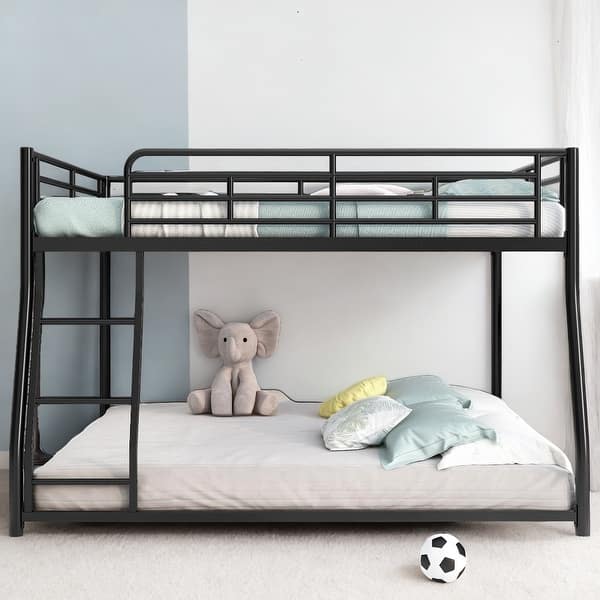 slide 2 of 5, Full XL Over Queen Metal Floor Bunk Kids Bed - Modern Design, Sloping Stairs, Space-Saving for Bedroom, Easy Assembly, Black Black