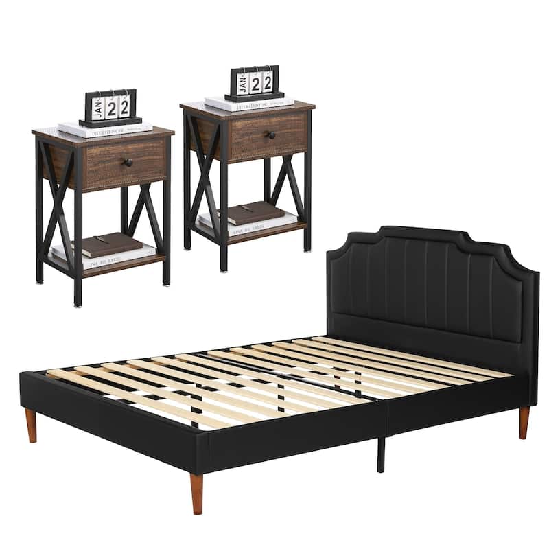 Taomika 3-Pieces Faux Leather Upholstered Platform Bed and Nightstands Sets