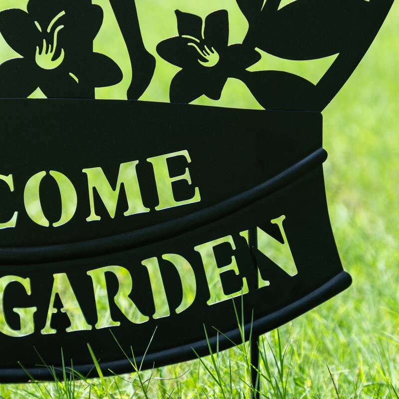 Glitzhome 30"H Multi-functional Metal Rabbit Flower Fairy Silhouette with Welcome Sign Garden Yardstake Wall Decor