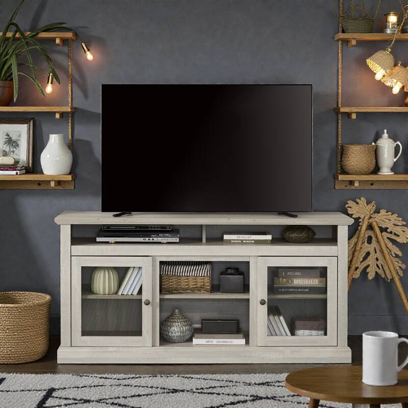 60" Modern Farmhouse TV Stand for 65 Inch TV, Media Console with Glass Doors and Storage for Living Room Entertainment Center - Stone Gray
