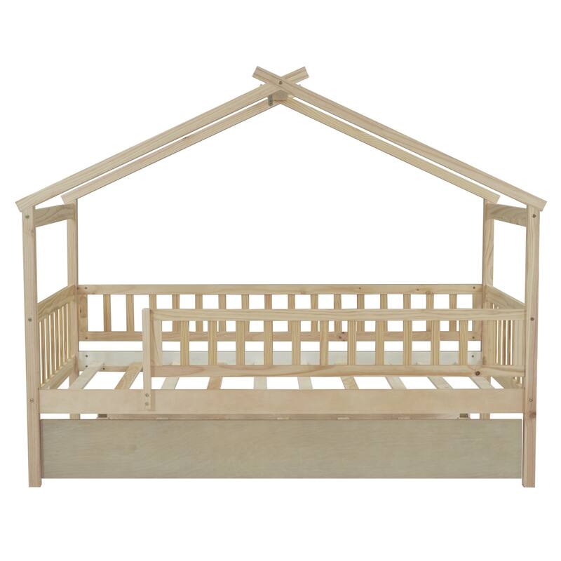 Pine House Bed with Trundle, Guardrail & Roof
