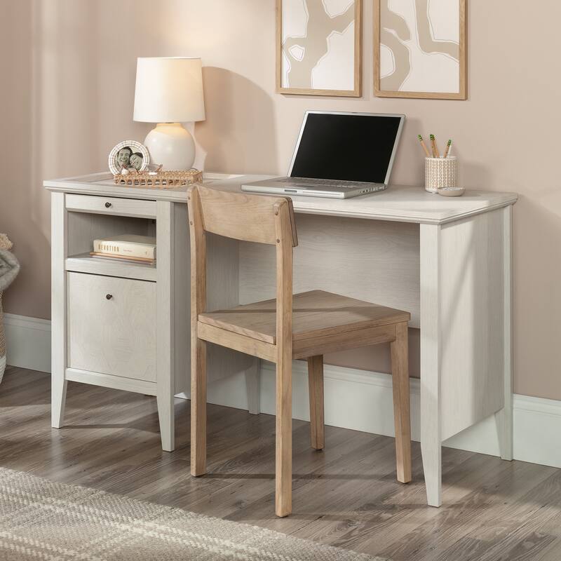 White Compact Home Office Desk with Storage Drawer and Pull-Out Writing Surface