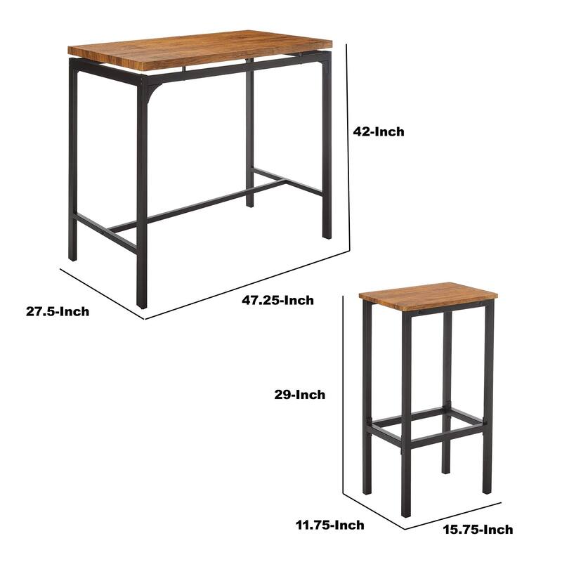 5 Piece Wooden Bar Table and Bar Stools with Metal Legs, Brown and Black