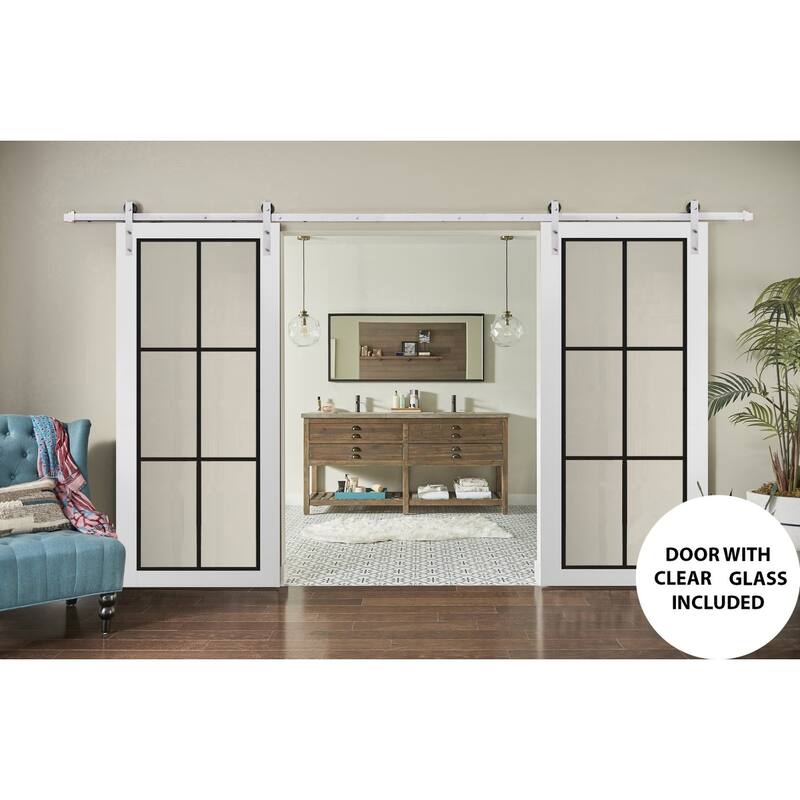 Sturdy Double Barn Door 36 x 80 Lucia 2366 White Silk Clear Glass 13FT
