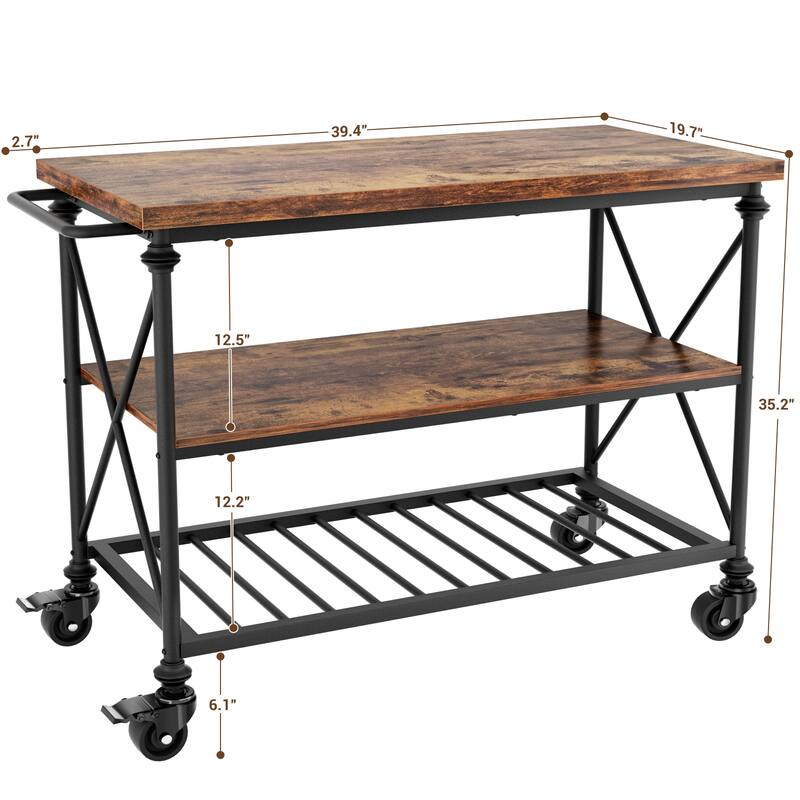 Rolling Kitchen Island Cart with Thick Wooden Top and Storage Shelves - N/A