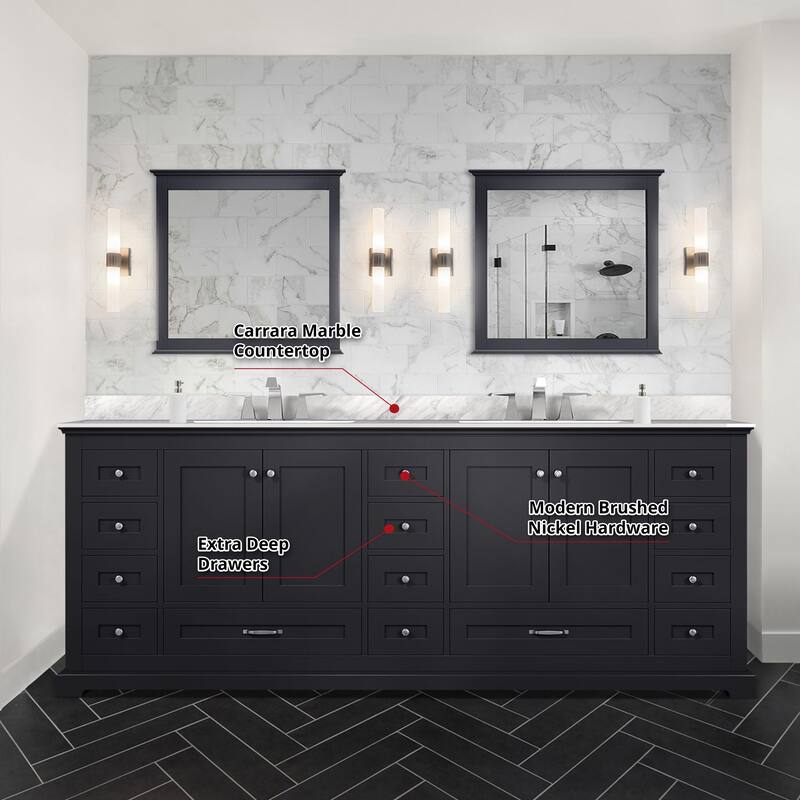 Dukes 84 in. W x 22 in. D Navy Blue Double Bath Vanity, Carrara Marble Top, Faucet Set, and 34 in. Mirrors