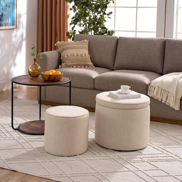 3-Piece Storage Ottoman Set with Round Table, Beige Fabric