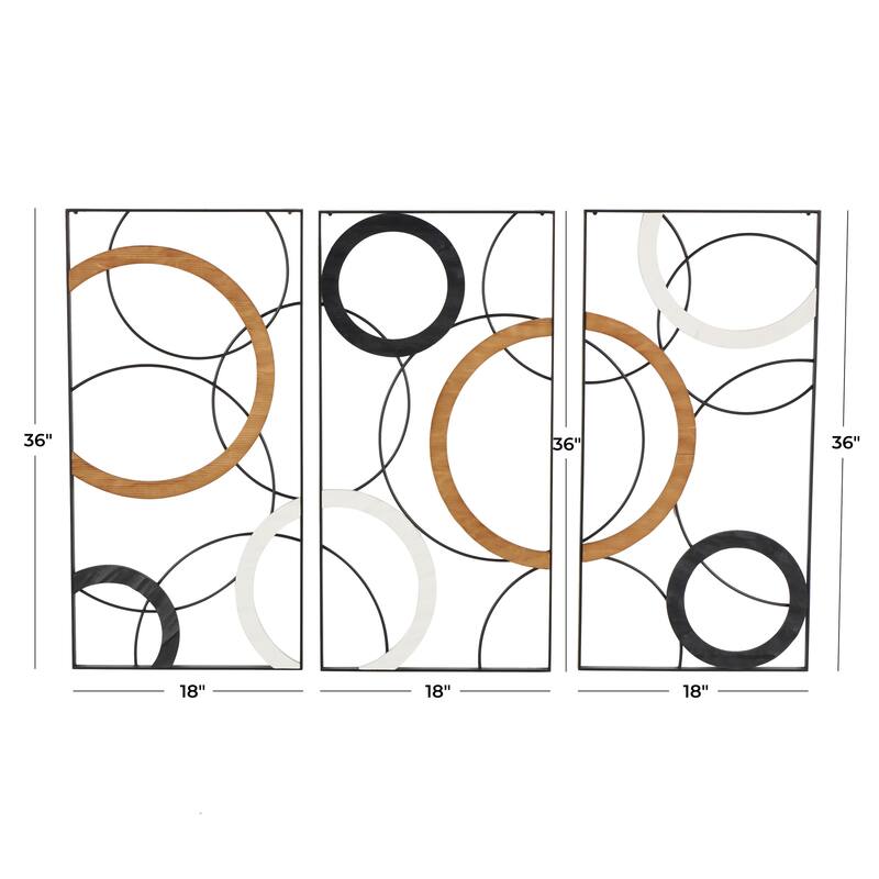Black Metal Overlapping Circles Abstract Home Wall Decor with Brown and White Wooden Accents (Set of 3)