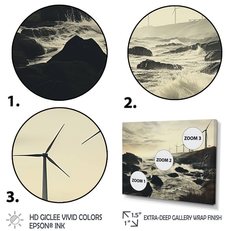 Designart "Wind Turbines Monochrome Coastal Harvest" Landscapes Multipanel Canvas Print set