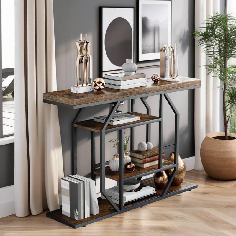 Console Table Industrial 4-Tier Entryway Table Narrow Wood Accent Tables with Storage Shelves for Living Room, Hallway, Foyer