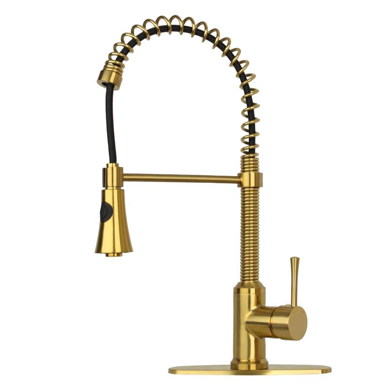 Single-Handle Deck Mount Gooseneck Pull-Down Sprayer Kitchen Faucet with Deck Plate and Handles - 8.9" - Brass Gold