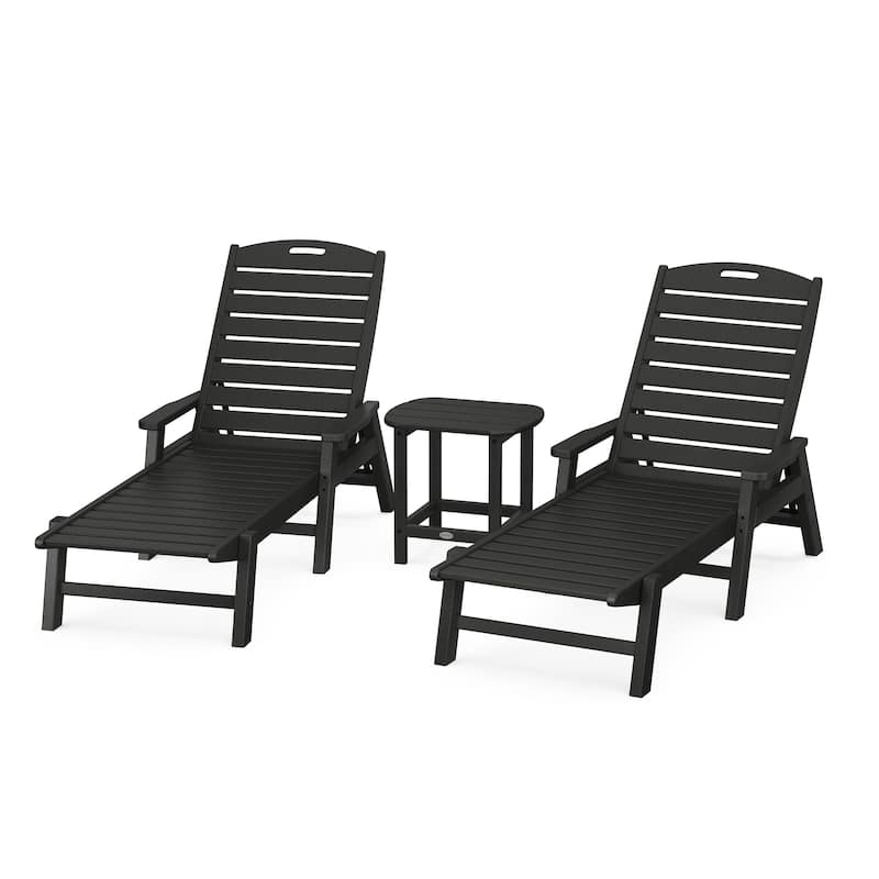 POLYWOOD Nautical 3-Piece Chaise Lounge with Arms Set with South Beach 18" Side Table - N/A - Black