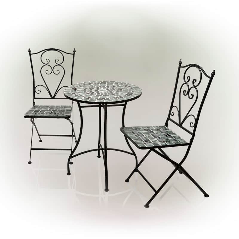 Alpine Corporation Indoor/Outdoor Marbled Glass Mosaic 3-Piece Bistro Set Folding Table and Chairs Patio Seating
