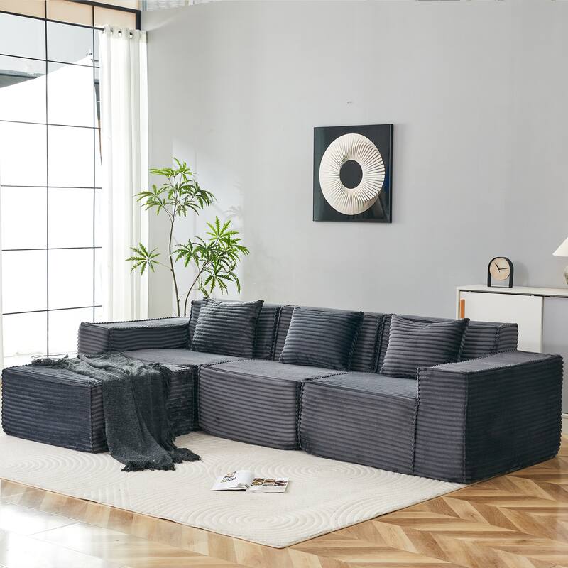 L-Shaped Modular Sectional Sofa,3-Seater with Ottoman,Striped Corduroy Fabric for Home, Apartment, Office