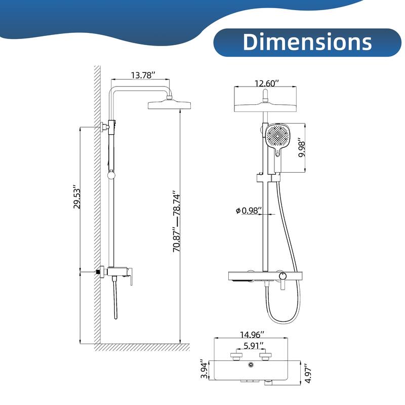 Modland Wall Mount 3-Function Shower System with Waterfall Tub Spout Adjustable Slide Bar,Handheld Shower