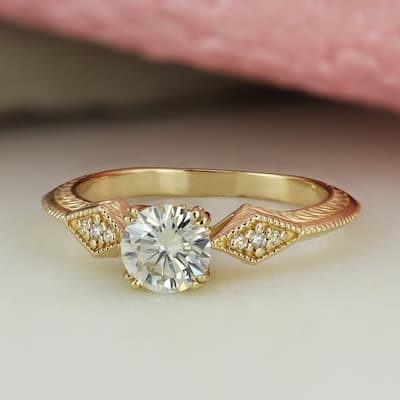 Auriya 14k Gold 1ct Vintage Moissanite and Diamond Engagement Ring 1/10ct TW