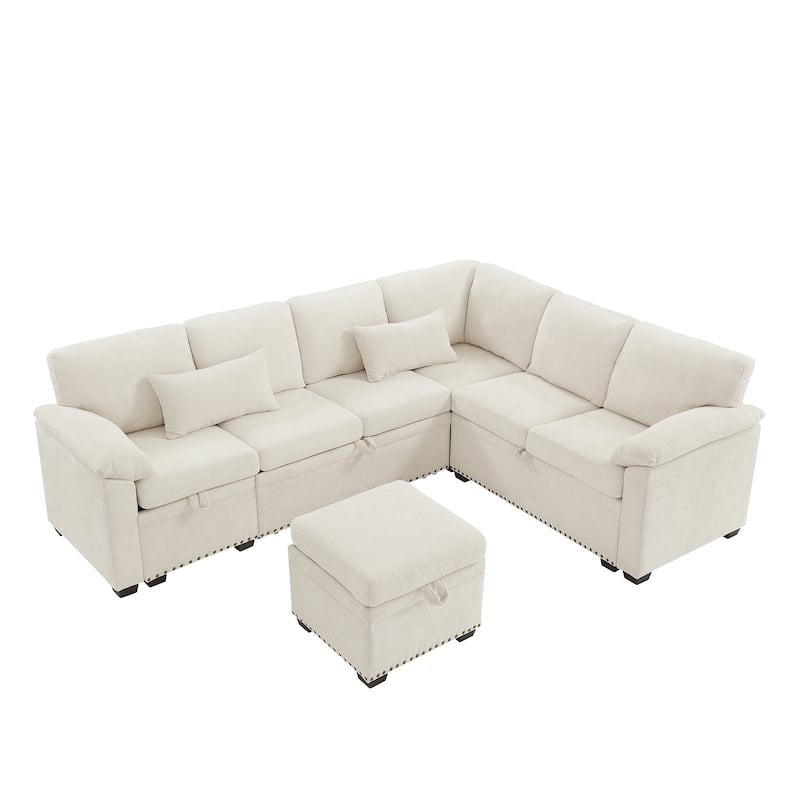 Corner Sectional Sofa with Pull Out Chaise Lounge and Pillow Top Arms, Chenille Sleeper Couch with Storage Seat and Ottoman