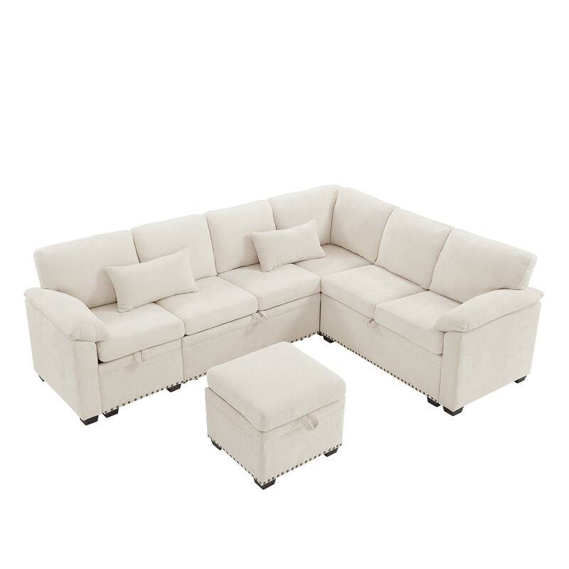 L-Shaped Corner Sectional Sofa with Seat and Storage Ottoman, Chenille Sofa Bed with 2 Pillows for Living Room Sleeper Couch