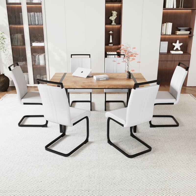 7-Piece Dining Table Set with Wood Grain Tabletop, Chair with C-shaped Bases, Ergonomically Curved Backrest - Wood