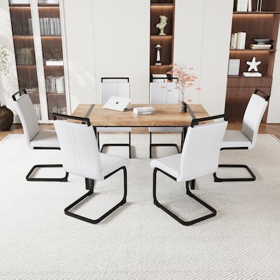 7-Piece Dining Table Set with Wood Grain Tabletop, Chair with C-shaped Bases, Ergonomically Curved Backrest