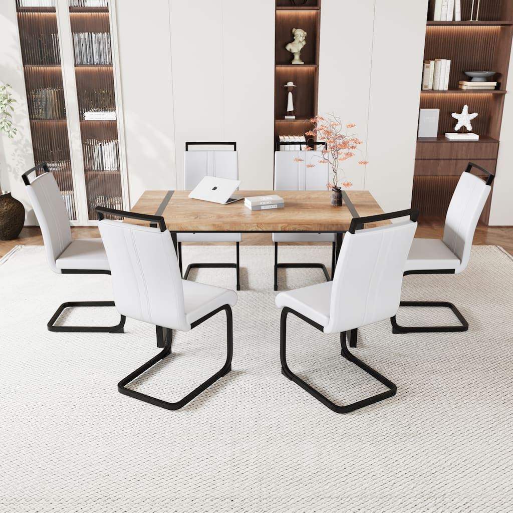 7-Piece Dining Table Set with Wood Grain Tabletop, Chair with C-shaped Bases, Ergonomically Curved Backrest