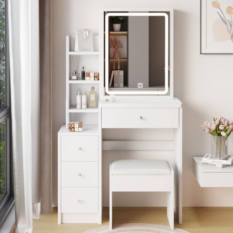 Vanity Desk with Touch Control Sliding LED Mirror, Vanity Set with Cushioned Stool, Makeup Table with Drawer and Storage Rack
