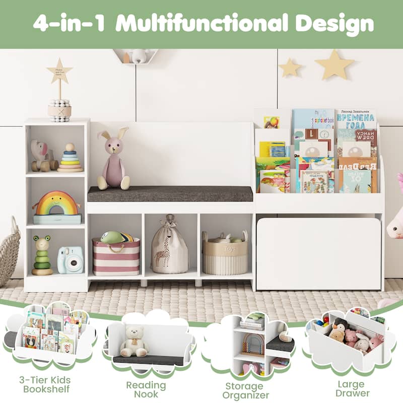 White 3-Tier Adjustable Kids Bookshelf Toy Organizer with Reading Nook and 6 Storage Cubes - 67" x 16" x 32"