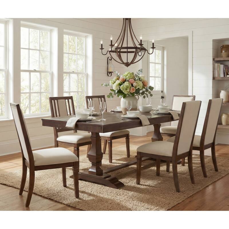 7-pieces Farmhouse Dining Table Set for 6, 74.8" Kitchen Table with Chairs, Solid Wood Legs and Upholstered Back