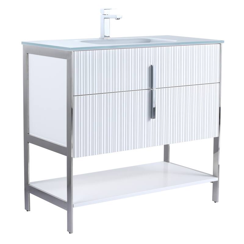 Fine Fixtures Serenity Modern Bathroom Vanity with White Glass Top - White Matte - Chrome Hardware - 36 inch
