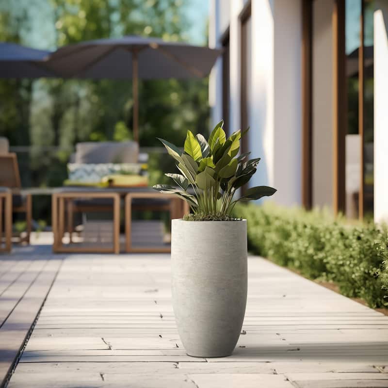Textured Granite Gray Tall Concrete Round Plant Pots / Large Indoor and Outdoor flower Planters (13.5 Inch x 24.5 Inch)