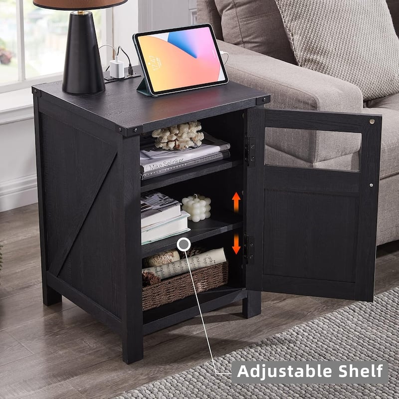 Farmhouse Nightstand with Charging Station, End Table with Barn Door