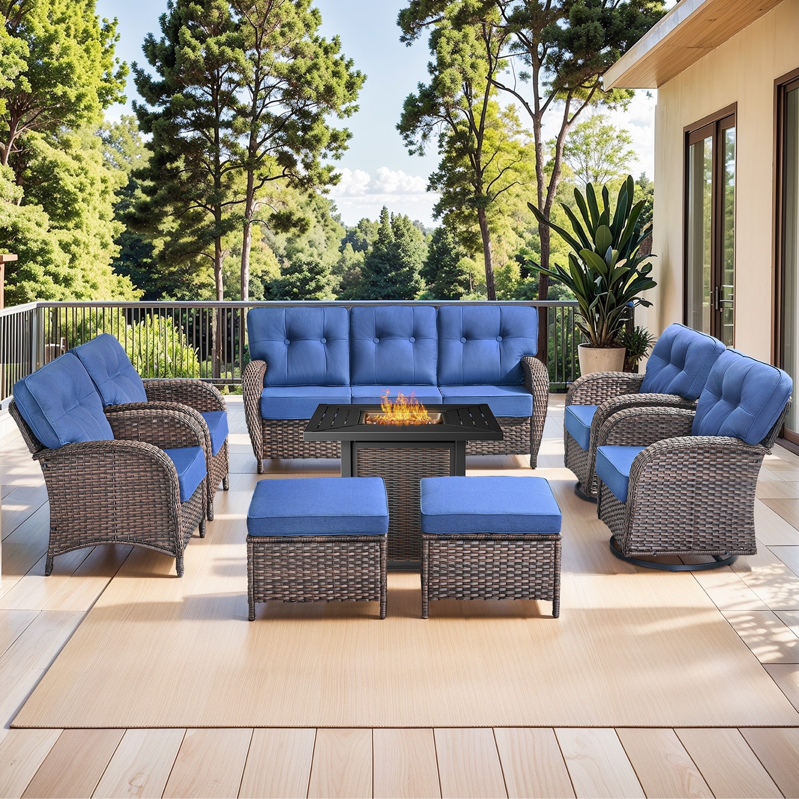 Pocassy Outdoor 30 In Fire Table with Sofa Patio Swivel Chair Set