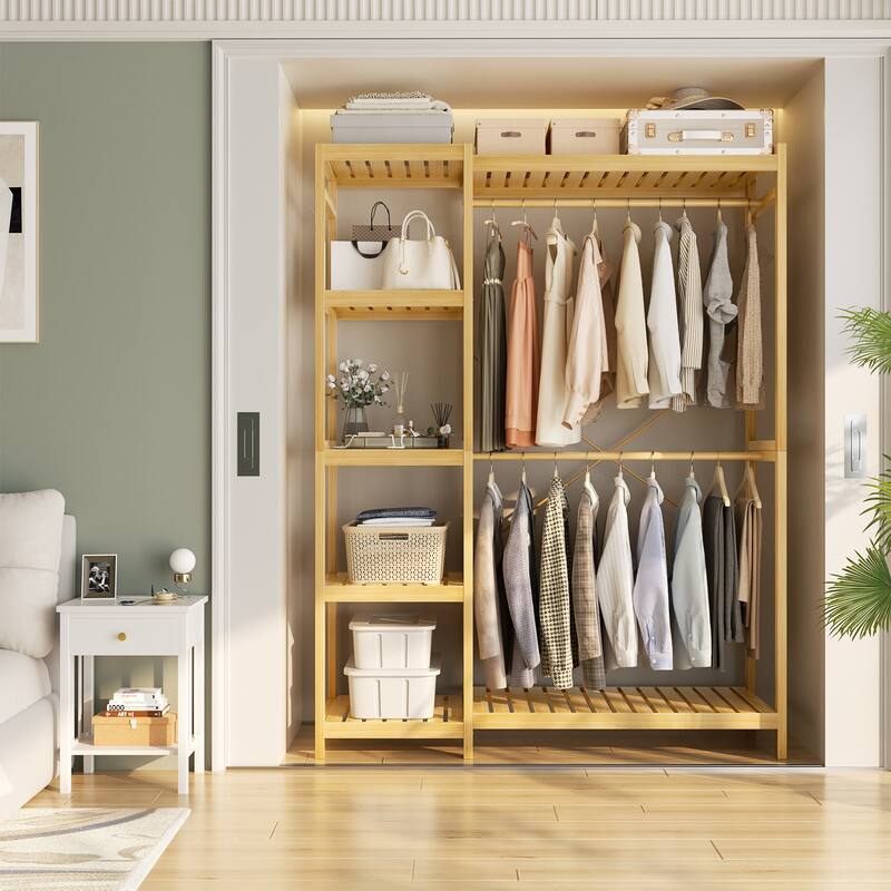 Bamboo Closet System Clothes Rack, Large Freestanding Garment Rack Clothing Rack for Hanging Clothes