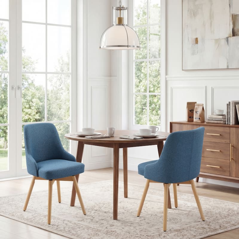 Art Leon Set of 2 Minimalist Dining Chair with Classic Wood Legs - Fabric - Blue