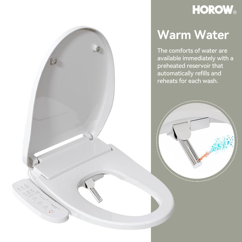 HOROW Electric Heated Bidet Seat for Elongated Toilet with Contemporary Lid in. White
