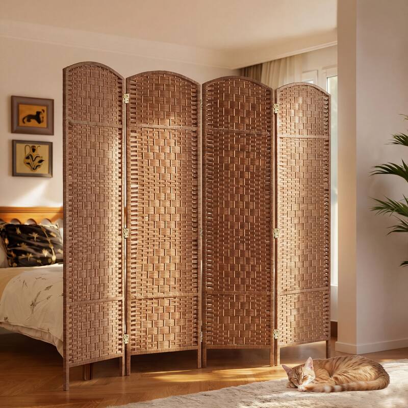 HomCom 6' Tall Wicker Weave Four Panel Room Divider Privacy Screen - Natural Blonde Wood