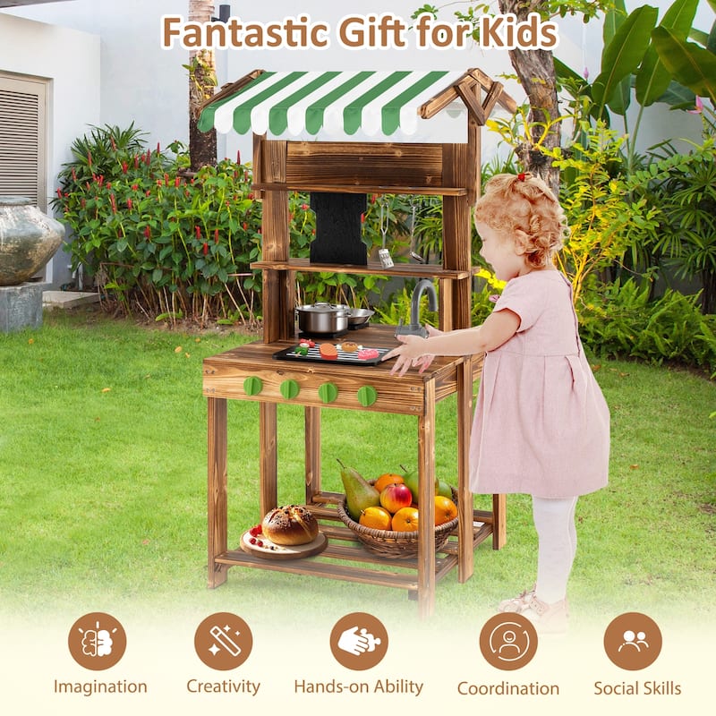 Double-Sided Mud Kitchen with Canopy and Chalkboard for 3+ Years Old-Natural - Multi