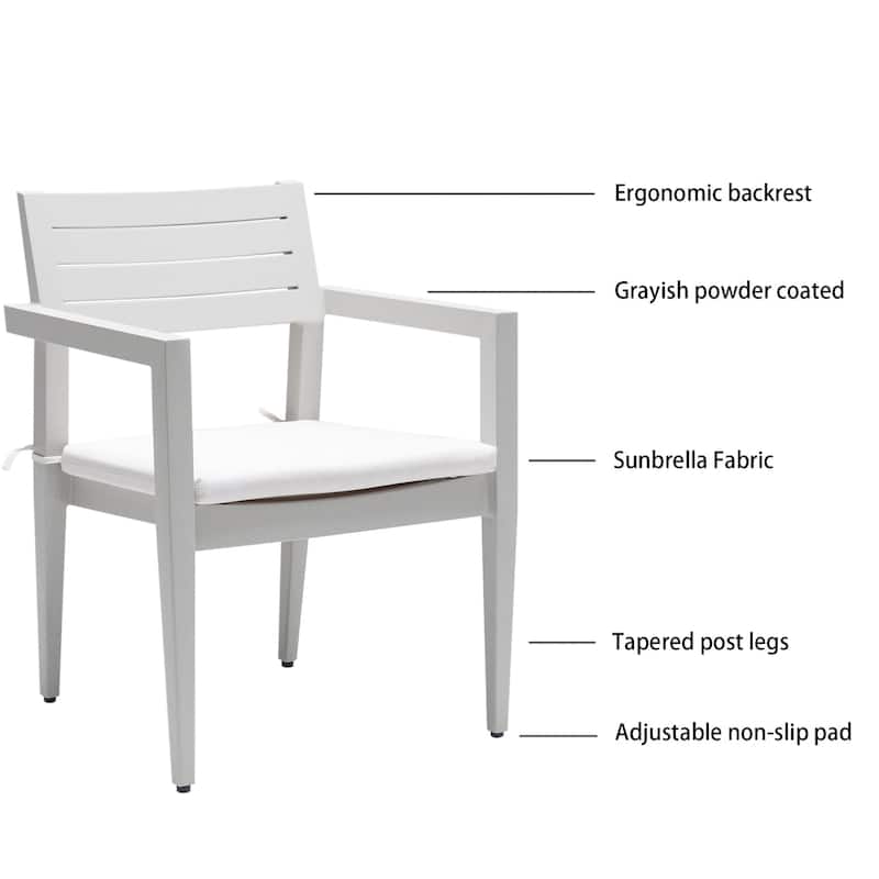 6-Piece Matte White Aluminum Outdoor Dining Set with Grayish Cushions and Umbrella Hole